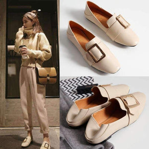 Planet Gates Round buckle nude / 6 Women Flats Faux Genuine Leather Shoes Ladies Loafers Comfortable  Slip-on Moccasins Casual Shoes Women Boat Square Toe nude