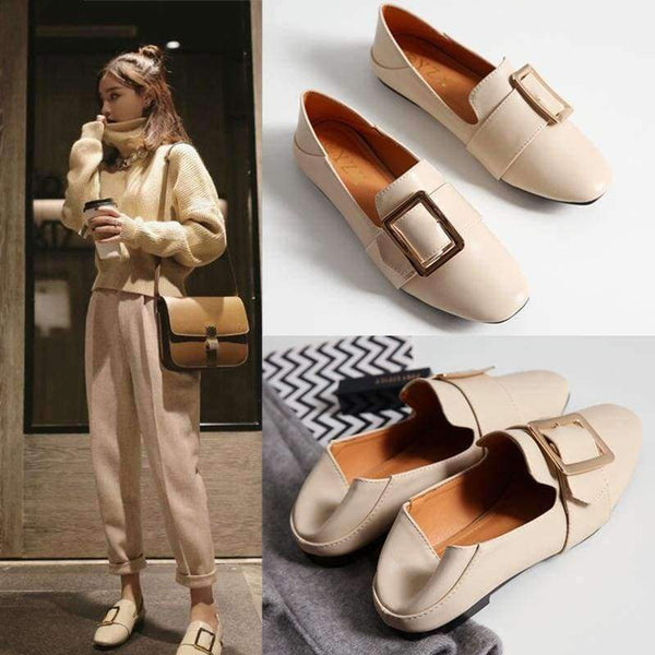 Planet Gates Round buckle nude / 6 Women Flats Faux Genuine Leather Shoes Ladies Loafers Comfortable  Slip-on Moccasins Casual Shoes Women Boat Square Toe nude