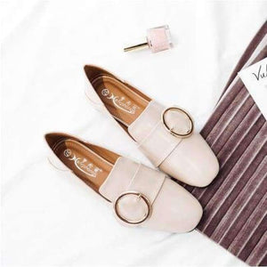 Planet Gates Round buckle nude / 6 Women Flats Faux Genuine Leather Shoes Ladies Loafers Comfortable  Slip-on Moccasins Casual Shoes Women Boat Square Toe nude