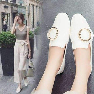 Planet Gates Round buckle white / 6 Women Flats Faux Genuine Leather Shoes Ladies Loafers Comfortable  Slip-on Moccasins Casual Shoes Women Boat Square Toe nude