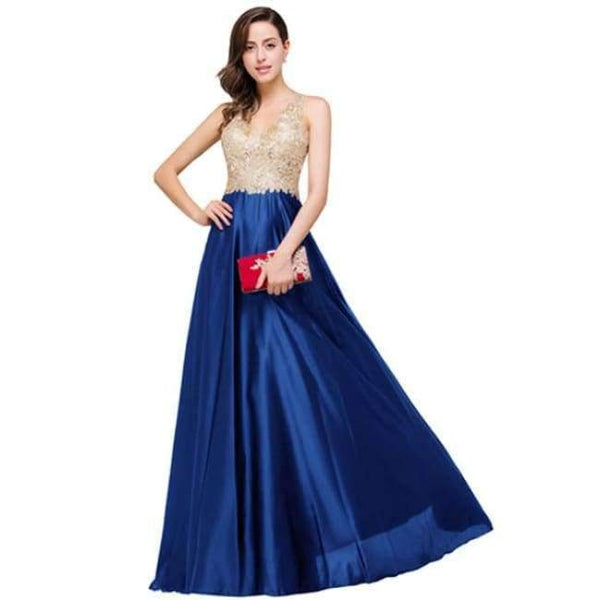 Planet Gates royal blue / 2 Luxury Gold Lace V-neck Long Evening Dresses 2017 Sexy Open Back Formal Prom Party Dress Black robe de soiree