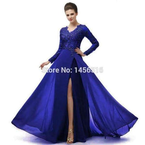 Planet Gates Royal blue / 6 Long Sleeve A Line V Neck Chiffon Lace Beaded Long Evening Dresses 2018 Robe De Soiree Manche Longue 122416W