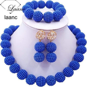 Planet Gates Royal Blue African Beads Jewelry Set for Nigerian Wedding Simulated Pearl Necklace and Earrings SP1R004