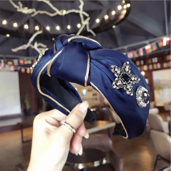 Boutique Hair Accessories Women's Luxury Fabric Gold-rimmed Diamonds Super Flash Middle Knotted Wide-brimmed Headband Hairband
