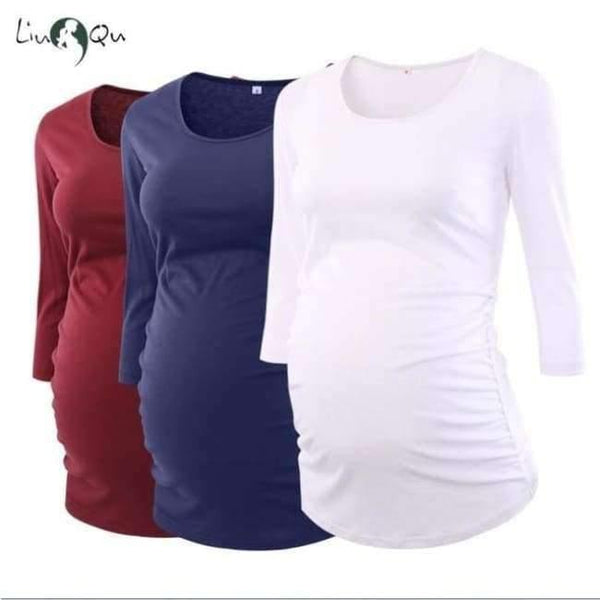 Planet Gates Royal Blue / S Women's Blouse Maternity Clothes Side Ruched 3 Quarter Sleeve Maternity Scoop Neck Jersey Top Pregnancy Clothes for Women Tops