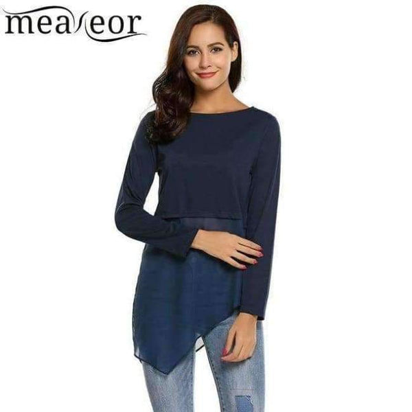 Planet Gates Royal Blue1 / L Brand Women Tops Tee Mesh Patchwork Long T-Shirts Chiffon Hem T-Shirt O-Neck Long Sleeve Pullover Asymmetrical T shirts