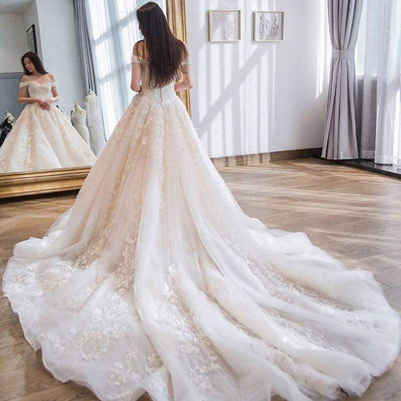 Planet Gates royal train / 2 Wedding Dress off shoulder appliques Wedding party gown lace-up Vestidos de noiva Bride dresses long marriage