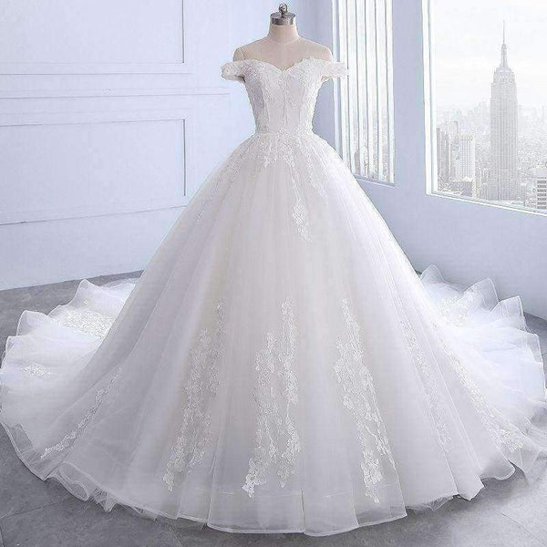 Planet Gates royal train / 2 Wedding Dress off shoulder appliques Wedding party gown lace-up Vestidos de noiva Bride dresses long marriage