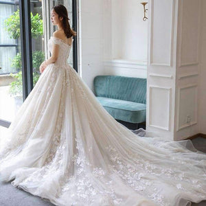 Planet Gates royal train / 2 Wedding Dress off shoulder appliques Wedding party gown lace-up Vestidos de noiva Bride dresses long marriage