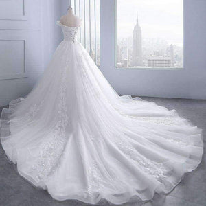 Planet Gates royal train / 2 Wedding Dress off shoulder appliques Wedding party gown lace-up Vestidos de noiva Bride dresses long marriage