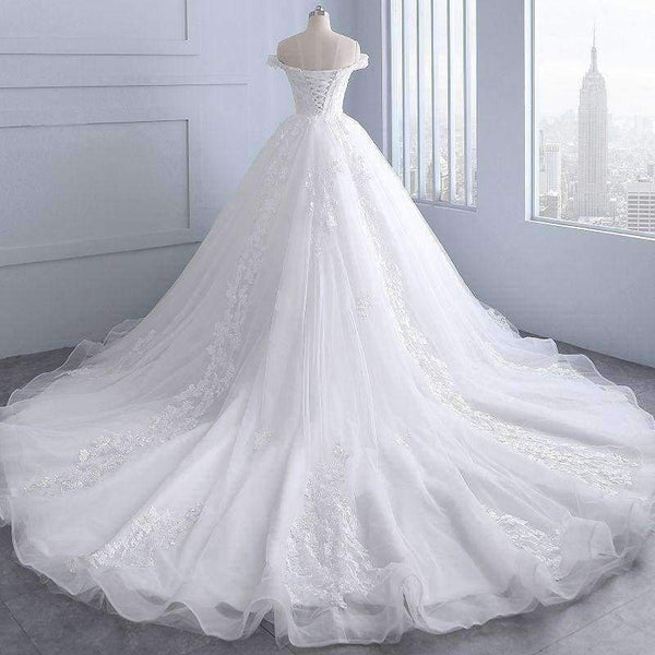Planet Gates royal train / 2 Wedding Dress off shoulder appliques Wedding party gown lace-up Vestidos de noiva Bride dresses long marriage