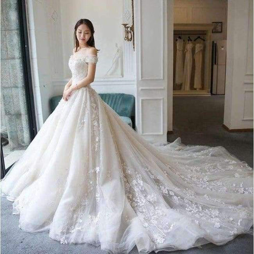 Planet Gates royal train / 2 Wedding Dress off shoulder appliques Wedding party gown lace-up Vestidos de noiva Bride dresses long marriage