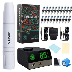 Planet Gates Russian Federation / White Two Stoke Length Rotary Mast Magi White Tattoo Pen Machine Kit with LCD Power Supply Silicone Case Cartridge Needles Set
