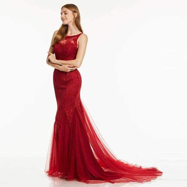 Planet Gates Rust red / 2 Red evening dress cheap sleeveless mermaid scoop neck backless sweep train wedding party formal trumpet evening dresses