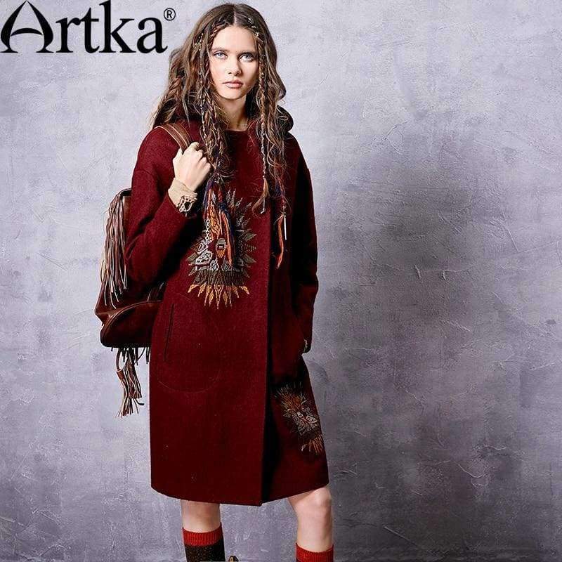 Planet Gates Rust Red / S Women's Winter New Solid Color Ethnic Embroidery Woolen Coat Vintage Hooded Long Sleeve Wool Outerwear FA11660Q