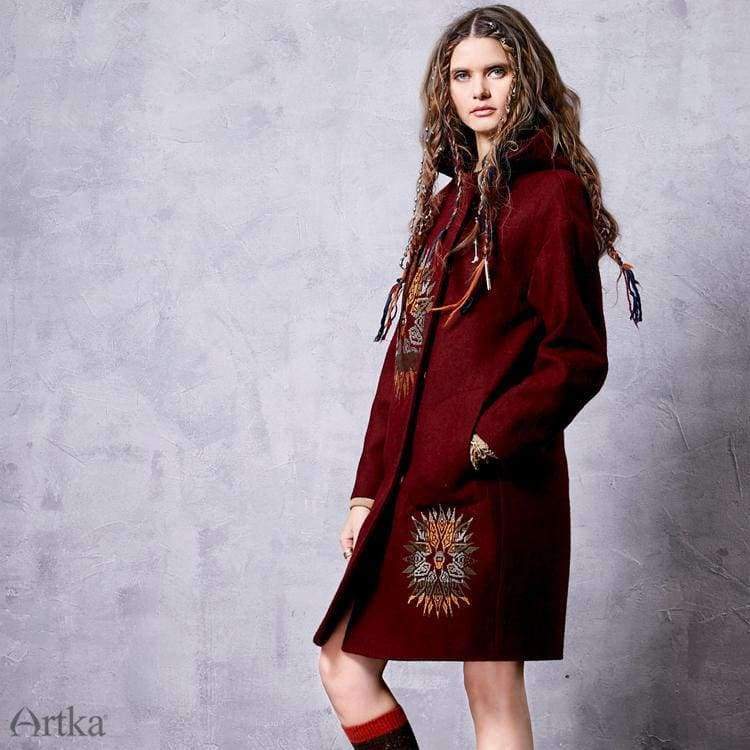 Planet Gates Rust Red / S Women's Winter New Solid Color Ethnic Embroidery Woolen Coat Vintage Hooded Long Sleeve Wool Outerwear FA11660Q