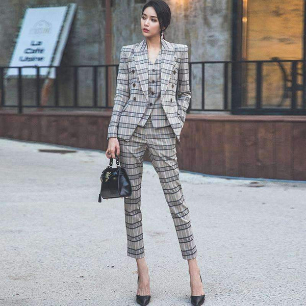 Planet Gates S Autumn Plaid 3 Piece Sets Vintage Double Breasted Blazer Vest Pant OL Work Casual Slim Suits