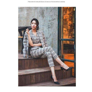 Planet Gates S Autumn Plaid 3 Piece Sets Vintage Double Breasted Blazer Vest Pant OL Work Casual Slim Suits