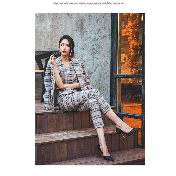 Planet Gates S Autumn Plaid 3 Piece Sets Vintage Double Breasted Blazer Vest Pant OL Work Casual Slim Suits