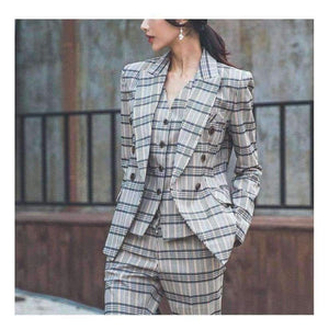 Planet Gates S Autumn Plaid 3 Piece Sets Vintage Double Breasted Blazer Vest Pant OL Work Casual Slim Suits
