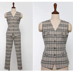 Planet Gates S Autumn Plaid 3 Piece Sets Vintage Double Breasted Blazer Vest Pant OL Work Casual Slim Suits