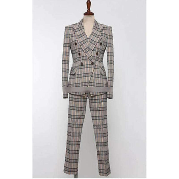 Planet Gates S Autumn Plaid 3 Piece Sets Vintage Double Breasted Blazer Vest Pant OL Work Casual Slim Suits