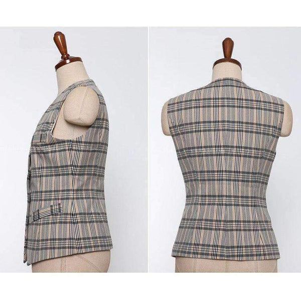 Planet Gates S Autumn Plaid 3 Piece Sets Vintage Double Breasted Blazer Vest Pant OL Work Casual Slim Suits