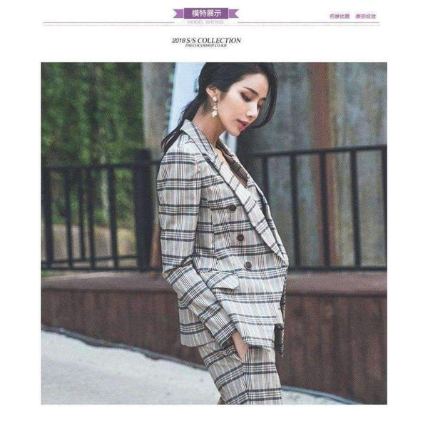 Planet Gates S Autumn Plaid 3 Piece Sets Vintage Double Breasted Blazer Vest Pant OL Work Casual Slim Suits