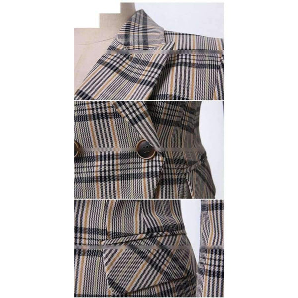 Planet Gates S Autumn Plaid 3 Piece Sets Vintage Double Breasted Blazer Vest Pant OL Work Casual Slim Suits