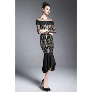 Planet Gates S Bodycon Dress Party Evening Women Sheer Mesh Ruffles Lace Design Midi Bandage Dress Ladies Special Events Slim Sequin Dress