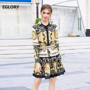 Planet Gates S Designer Fashion Women's Set Autumn 2018 Tunic Print Long Sleeve Tops Shirt+A-Line Mini Skirt Suit Lady Casual Two Piece Set