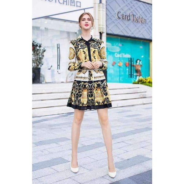 Planet Gates S Designer Fashion Women's Set Autumn 2018 Tunic Print Long Sleeve Tops Shirt+A-Line Mini Skirt Suit Lady Casual Two Piece Set