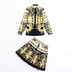 Planet Gates S Designer Fashion Women's Set Autumn 2018 Tunic Print Long Sleeve Tops Shirt+A-Line Mini Skirt Suit Lady Casual Two Piece Set