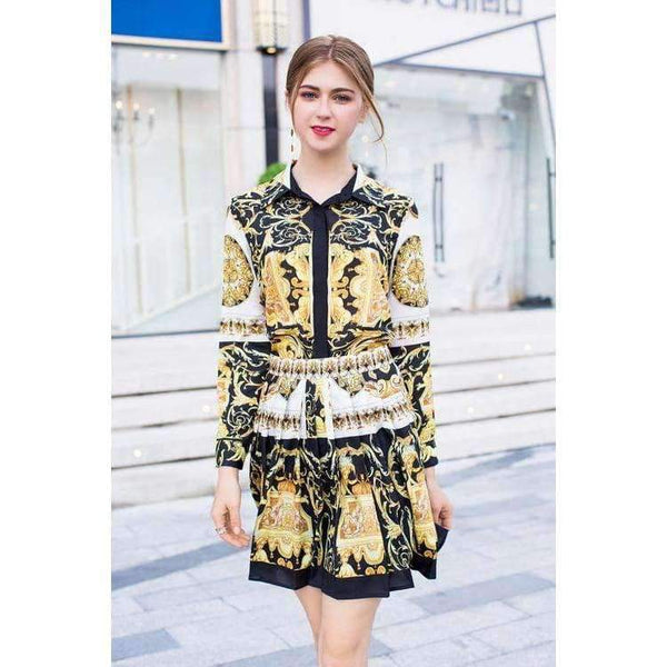 Planet Gates S Designer Fashion Women's Set Autumn 2018 Tunic Print Long Sleeve Tops Shirt+A-Line Mini Skirt Suit Lady Casual Two Piece Set