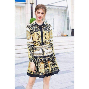 Planet Gates S Designer Fashion Women's Set Autumn 2018 Tunic Print Long Sleeve Tops Shirt+A-Line Mini Skirt Suit Lady Casual Two Piece Set