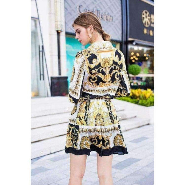 Planet Gates S Designer Fashion Women's Set Autumn 2018 Tunic Print Long Sleeve Tops Shirt+A-Line Mini Skirt Suit Lady Casual Two Piece Set