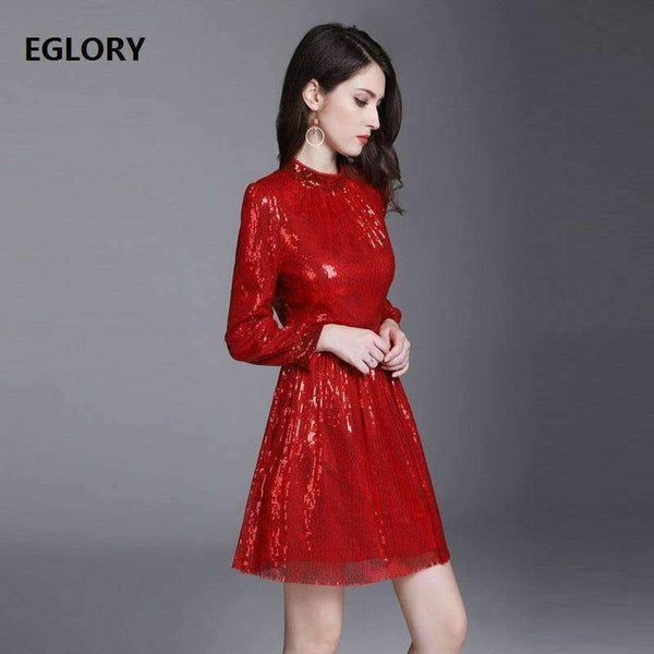 Planet Gates S European Style Dress 2018 Summer Women Stand Collar Allover Lux Sequined Long Sleeve Red Party Event Dress Vestidos Fiesta