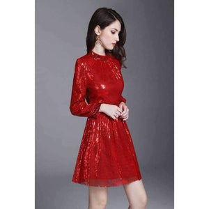 Planet Gates S European Style Dress 2018 Summer Women Stand Collar Allover Lux Sequined Long Sleeve Red Party Event Dress Vestidos Fiesta