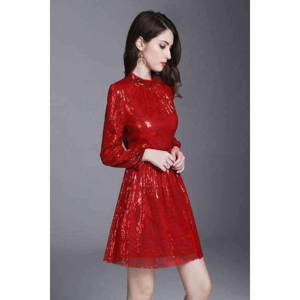 Planet Gates S European Style Dress 2018 Summer Women Stand Collar Allover Lux Sequined Long Sleeve Red Party Event Dress Vestidos Fiesta