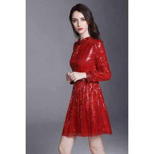 Planet Gates S European Style Dress 2018 Summer Women Stand Collar Allover Lux Sequined Long Sleeve Red Party Event Dress Vestidos Fiesta