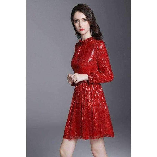 Planet Gates S European Style Dress 2018 Summer Women Stand Collar Allover Lux Sequined Long Sleeve Red Party Event Dress Vestidos Fiesta