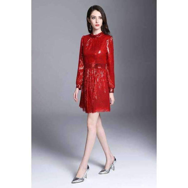 Planet Gates S European Style Dress 2018 Summer Women Stand Collar Allover Lux Sequined Long Sleeve Red Party Event Dress Vestidos Fiesta