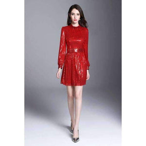 Planet Gates S European Style Dress 2018 Summer Women Stand Collar Allover Lux Sequined Long Sleeve Red Party Event Dress Vestidos Fiesta