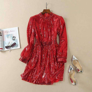Planet Gates S European Style Dress 2018 Summer Women Stand Collar Allover Lux Sequined Long Sleeve Red Party Event Dress Vestidos Fiesta