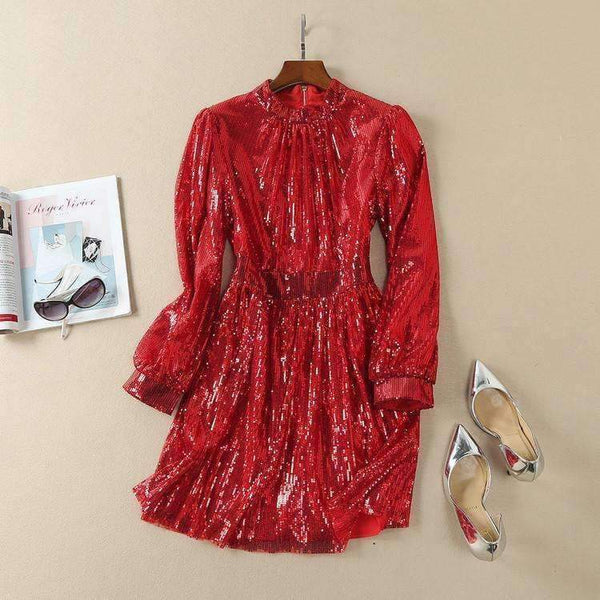 Planet Gates S European Style Dress 2018 Summer Women Stand Collar Allover Lux Sequined Long Sleeve Red Party Event Dress Vestidos Fiesta