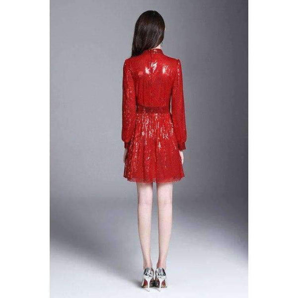 Planet Gates S European Style Dress 2018 Summer Women Stand Collar Allover Lux Sequined Long Sleeve Red Party Event Dress Vestidos Fiesta