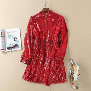 Planet Gates S European Style Dress 2018 Summer Women Stand Collar Allover Lux Sequined Long Sleeve Red Party Event Dress Vestidos Fiesta