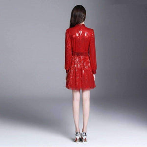 Planet Gates S European Style Dress 2018 Summer Women Stand Collar Allover Lux Sequined Long Sleeve Red Party Event Dress Vestidos Fiesta