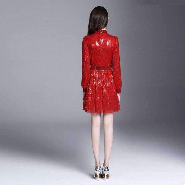 Planet Gates S European Style Dress 2018 Summer Women Stand Collar Allover Lux Sequined Long Sleeve Red Party Event Dress Vestidos Fiesta