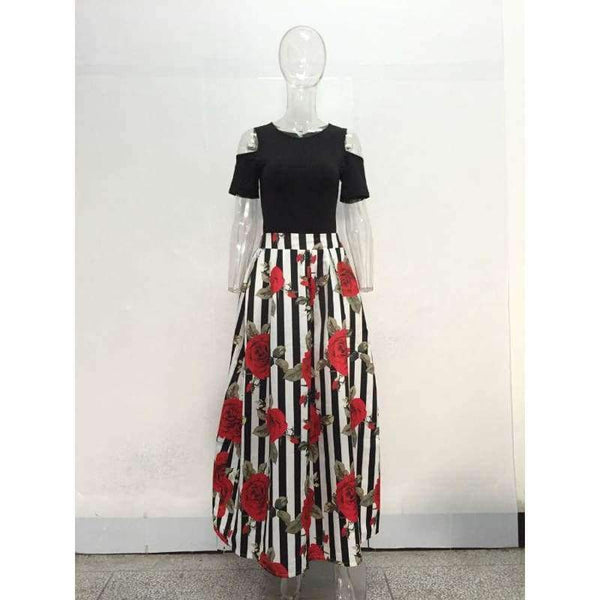 Planet Gates S JRRY New Two Pieces Casual Women Maxi Dresses Short Sleeve Black Top Long Pattern Floral Dress Plus Size 6XL Vestidos